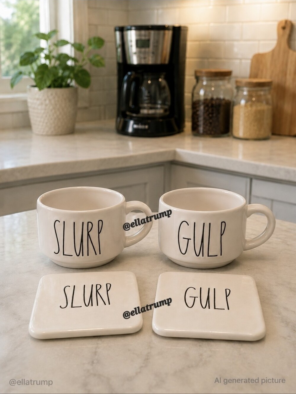 Rae Dunn Slurp Gulp White Stackable Soup Mugs & Coasters Set 2
